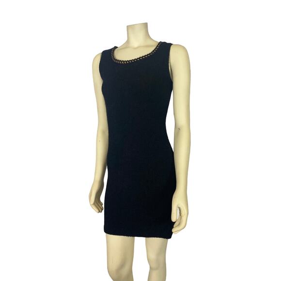 Betsey Johnson Luxe boucle black dress gold braided trim virgin wool size medium - Picture 2 of 12